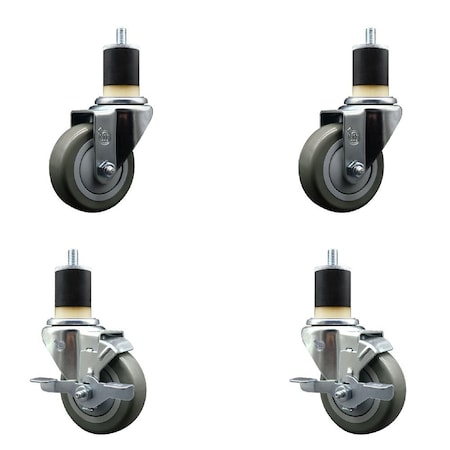 Service Caster 3.5'' Gray Poly Wheel Swivel 1-7/8'' Expanding Stem Caster Set 2 Brakes, 4PK SCC-EX20S3514-PPUB-2-TLB-2-178